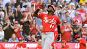 Sep 28, 2025; Milwaukee, Wisconsin, USA; Cincinnati Reds shortstop Elly De La Cruz (44) reacts after hitting a solo home run in the second inning against the Milwaukee Brewers at American Family Field. Mandatory Credit: Benny Sieu-Imagn Images