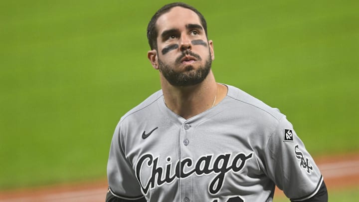Sep 12, 2025; Cleveland, Ohio, USA; Chicago White Sox right fielder Mike Tauchman (18) reacts after getting hit with a foul ball in the third inning against the Cleveland Guardians at Progressive Field. Mandatory Credit: David Richard-Imagn Images