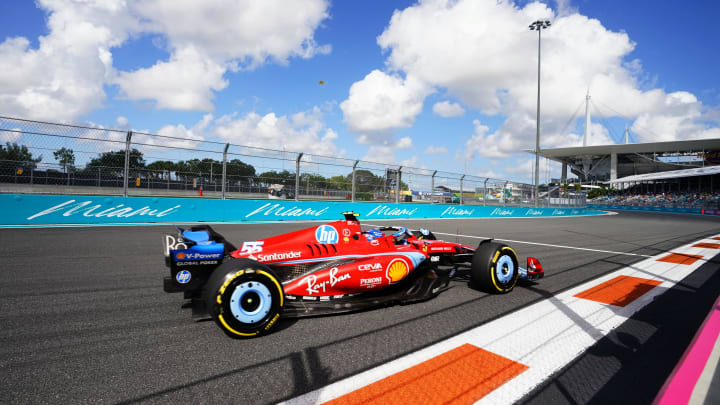 May 3, 2024; Miami Gardens, Florida, USA; Ferrari driver Carlos Sainz (55) races out of turn 17 during F1 Sprint Qualifying at Miami International Autodrome. Mandatory Credit: John David Mercer-USA TODAY Sports