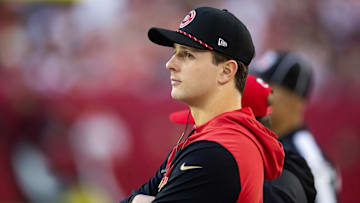 Jan 5, 2025; Glendale, Arizona, USA; San Francisco 49ers quarterback Brock Purdy against the Arizona Cardinals at State Farm Stadium. Mandatory Credit: Mark J. Rebilas-Imagn Images