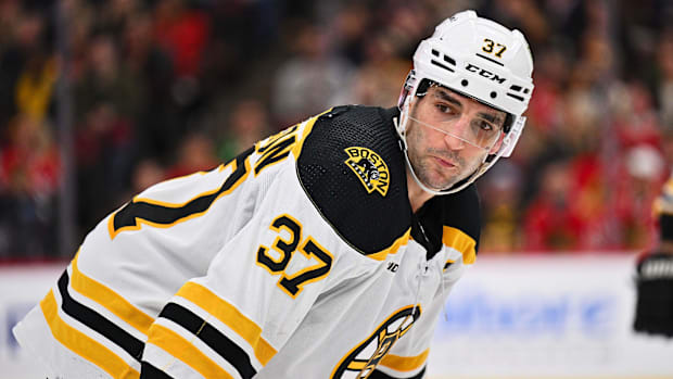 Boston Bruins forward Patrice Bergeron skates against the Chicago Blackhawks.