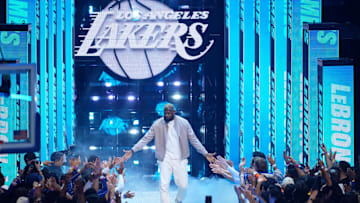 Feb 16, 2025; San Francisco, CA, USA; Shaqís OGs forward LeBron James (23) of the Los Angeles Lakers during introductions before the 2025 NBA All Star Game at Chase Center. Mandatory Credit: Cary Edmondson-Imagn Images