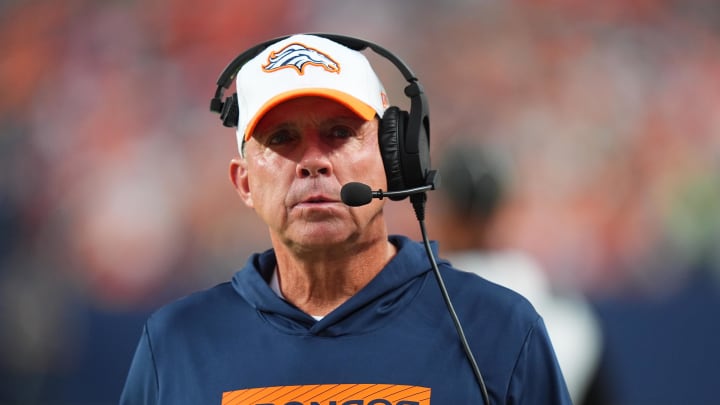 Aug 18, 2024; Denver, Colorado, USA; Denver Broncos head coach Sean Payton during the first quarter against the Green Bay Packers at Empower Field at Mile High. Mandatory Credit: Ron Chenoy-USA TODAY Sports