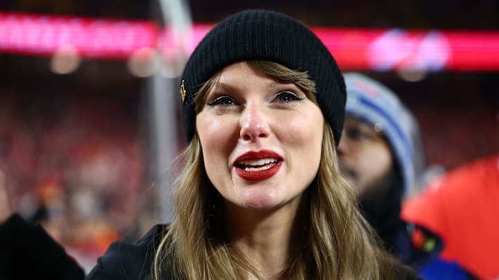 Recording artist Taylor Swift  reacts after the AFC Championship game against the Buffalo Bills.