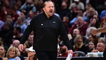 Apr 2, 2025; Cleveland, Ohio, USA; New York Knicks head coach Tom Thibodeau reacts during the second half against the Cleveland Cavaliers at Rocket Arena. Mandatory Credit: Ken Blaze-Imagn Images