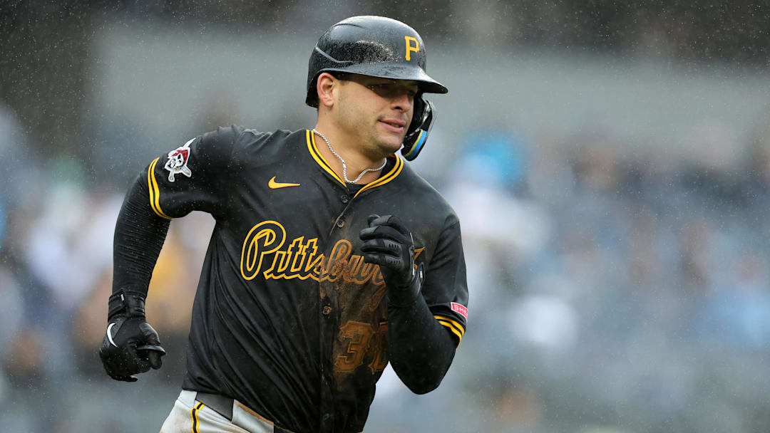 Sep 28, 2024; Bronx, New York, USA; Pittsburgh Pirates second baseman Nick Yorke (38) rounds the bases after hitting a two run home run against the New York Yankees during the ninth inning at Yankee Stadium. Mandatory Credit: Brad Penner-Imagn Images