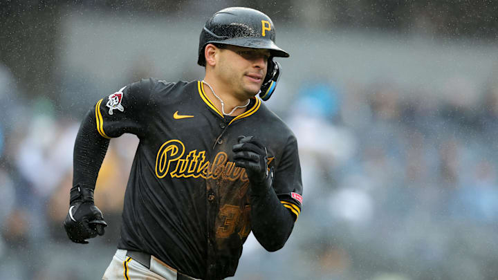 Pittsburgh Pirates second baseman Nick Yorke (38) rounds the bases after hitting a two-run home run against the New York Yankees during the ninth inning at Yankee Stadium. 