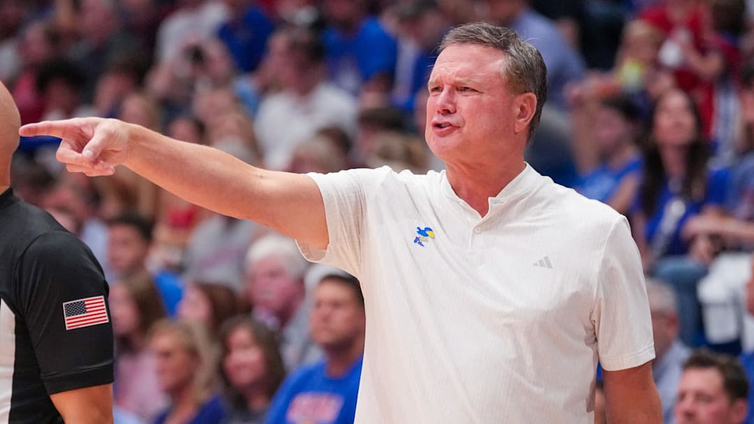 Oct 29, 2024; Lawrence, KS, USA; Kansas Jayhawks head coach Bill Self gestures to players against the Washburn Ichabods during the first half at Allen Fieldhouse. Mandatory Credit: Denny Medley-Imagn Images