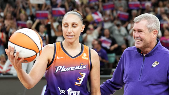 Aug 3, 2023; Phoenix, Arizona, USA; Phoenix Mercury guard Diana Taurasi (3) celebrates with former Phoenix Mercury general manager Jim Pitman after scoring her 10,000th career point during the second half against the Atlanta Dream at Footprint Center. Mandatory Credit: Joe Camporeale-Imagn Images