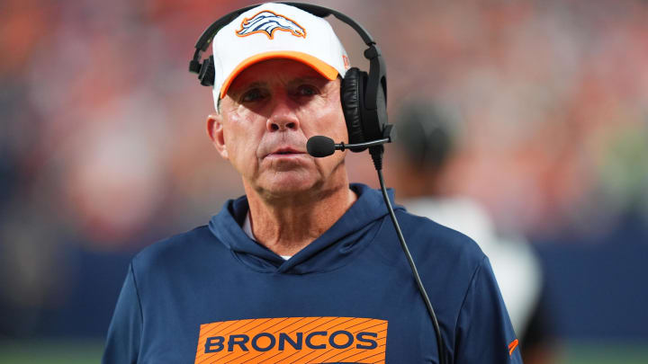 Aug 18, 2024; Denver, Colorado, USA; Denver Broncos head coach Sean Payton during the first quarter against the Green Bay Packers at Empower Field at Mile High. 