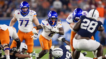 Dec 31, 2024; Glendale, AZ, USA; Boise State Broncos running back Ashton Jeanty (2) against the Penn State Nittany Lions during the Fiesta Bowl at State Farm Stadium. Mandatory Credit: Mark J. Rebilas-Imagn Images