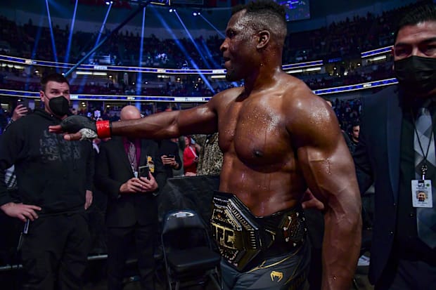 Francis Ngannou leaves the Octagon after the win against Ciryl Gane during UFC 270 at Honda Center.