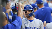 Toronto, Ontario, CAN; Kansas City Royals shortstop Bobby Witt Jr. (7) celebrates hitting a home run against the Toronto Blue Jays during the third inning with teammates at Rogers Centre.
