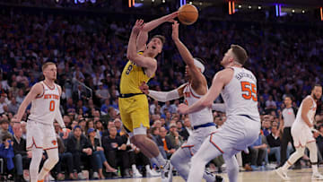 May 6, 2024; New York, New York, USA; Indiana Pacers guard T.J. McConnell (9) passes the ball