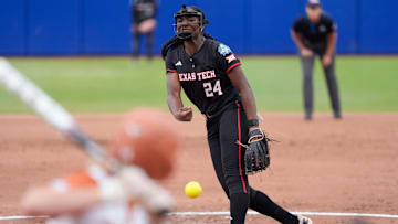 Texas Tech pitcher NiJaree Canady (24) throws a pitch during Game 1 of the Women's College World Series championship series between the Texas Longhorns at Texas Tech Red Raiders at Devon Park in Oklahoma City, Wednesday, June 4, 2025. Texas won 2-1.