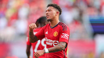 Jul 22, 2023; East Rutherford, New Jersey, USA; Manchester United forward Jadon Sancho (25) celebrates his goal during the first half against Arsenal at MetLife Stadium. Mandatory Credit: Vincent Carchietta-Imagn Images