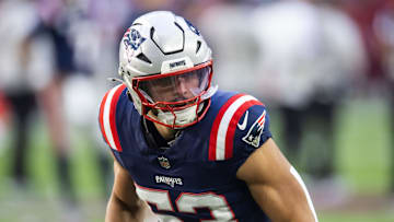 Dec 15, 2024; Glendale, Arizona, USA; New England Patriots linebacker Christian Elliss (53) against the Arizona Cardinals at State Farm Stadium. Mandatory Credit: Mark J. Rebilas-Imagn Images