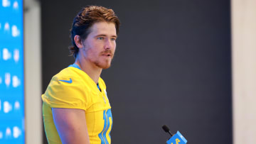 Jul 24, 2024; El Segundo, CA, USA;  Los Angeles Chargers quarterback Justin Herbert (10) speaks to the media after the first day of training camp at The Bolt. Mandatory Credit: Kiyoshi Mio-USA TODAY Sports