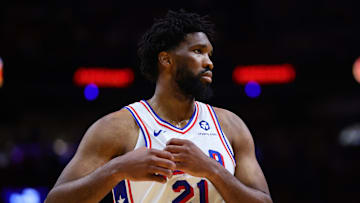 Nov 18, 2024; Miami, Florida, USA; Philadelphia 76ers center Joel Embiid (21) looks on against the Miami Heat during the third quarter at Kaseya Center. Mandatory Credit: Sam Navarro-Imagn Images