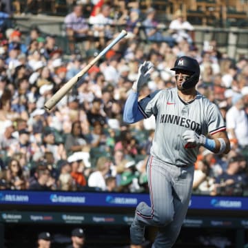 Minnesota Twins designated hitter Royce Lewis (23) hits hits a home run in the first inning against the Detroit Tigers at Comerica Park on July 27.