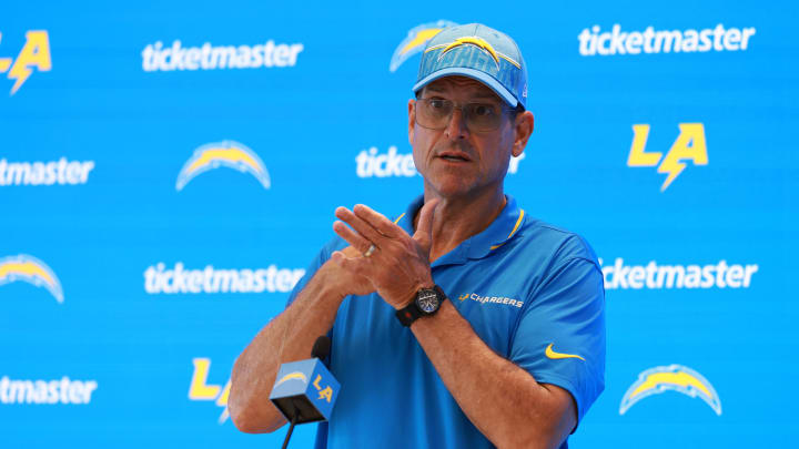 Jul 24, 2024; El Segundo, CA, USA;  Los Angeles Chargers head coach Jim Harbaugh speaks to the media after the first day of training camp at The Bolt. Mandatory Credit: Kiyoshi Mio-USA TODAY Sports