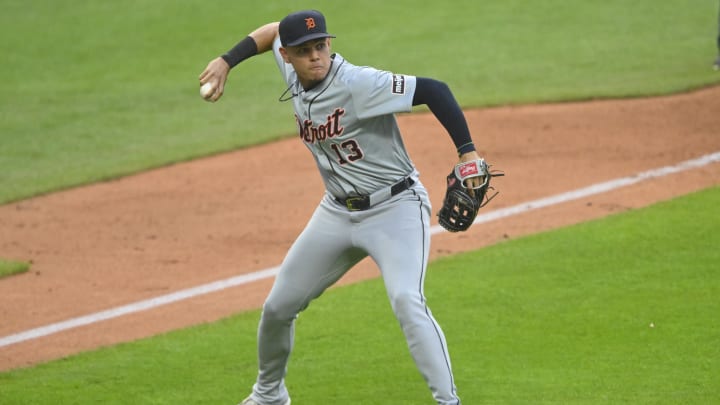 Jul 23, 2024; Cleveland, Ohio, USA; Detroit Tigers third baseman Gio Urshela (13) looks to first base in the sixth inning against the Cleveland Guardians at Progressive Field.