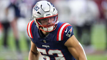 New England Patriots linebacker Christian Elliss (53) against the Arizona Cardinals at State Farm Stadium.