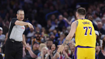 Apr 8, 2025; Oklahoma City, Oklahoma, USA; Los Angeles Lakers guard Luka Doncic (77) has a technical call against him during the second half of a game against the Oklahoma City Thunder at Paycom Center. Mandatory Credit: Alonzo Adams-Imagn Images
