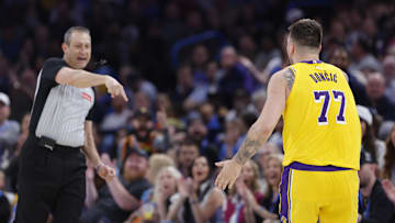 Apr 8, 2025; Oklahoma City, Oklahoma, USA; Los Angeles Lakers guard Luka Doncic (77) has a technical call against him during the second half of a game against the Oklahoma City Thunder at Paycom Center. Mandatory Credit: Alonzo Adams-Imagn Images