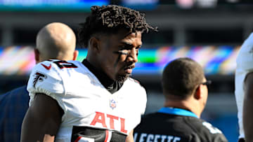 Oct 13, 2024; Charlotte, North Carolina, USA;  Atlanta Falcons cornerback Dee Alford (20) before the game at Bank of America Stadium. Mandatory Credit: Bob Donnan-Imagn Images