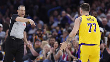 Apr 8, 2025; Oklahoma City, Oklahoma, USA; Los Angeles Lakers guard Luka Doncic (77) has a technical call against him during the second half of a game against the Oklahoma City Thunder at Paycom Center. Mandatory Credit: Alonzo Adams-Imagn Images