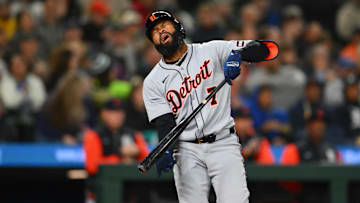 Apr 1, 2025; Seattle, Washington, USA; Detroit Tigers right fielder Manuel Margot (7) reacts to striking out to the Seattle Mariners during the third inning at T-Mobile Park. Mandatory Credit: Steven Bisig-Imagn Images