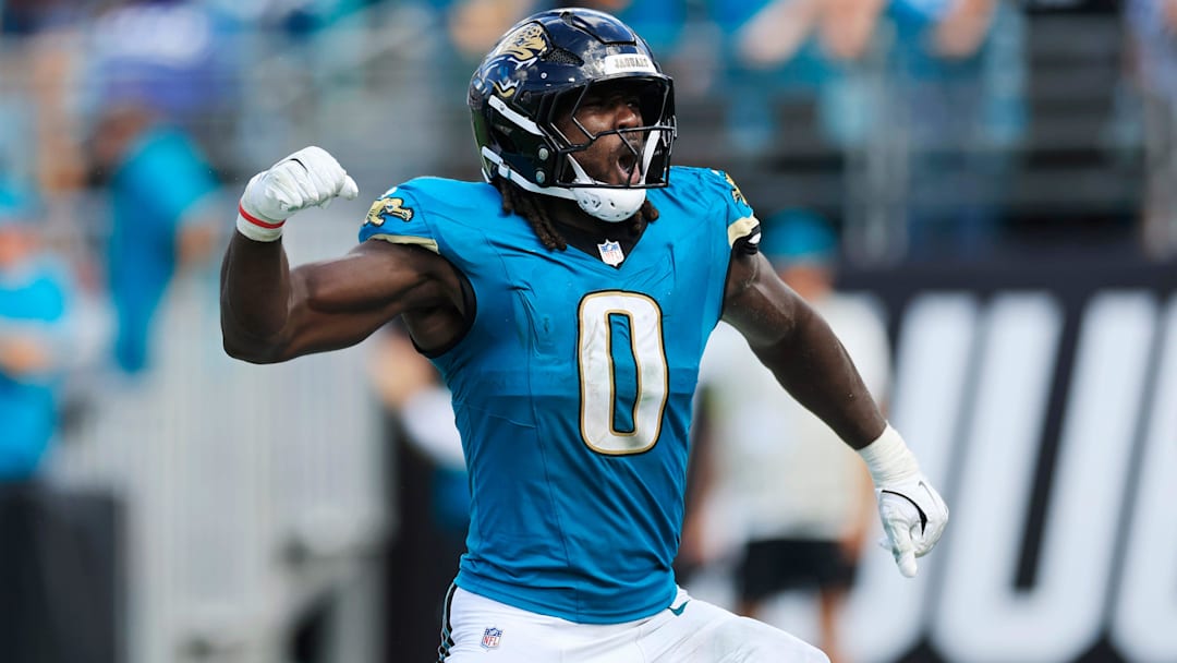 Jacksonville Jaguars linebacker Devin Lloyd (0) reacts to his fumble recovery during the fourth quarter of an NFL football matchup at EverBank Stadium, Sunday, Sept. 21, 2025, in Jacksonville, Fla. The Jaguars defeated the Texans 17-10.