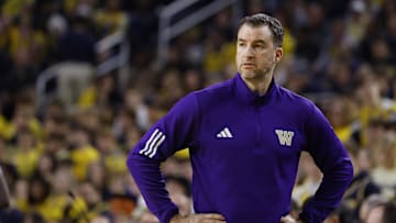 Jan 12, 2025; Ann Arbor, Michigan, USA; Washington Huskies head coach Danny Sprinkle looks on in the first half against the Michigan Wolverines at Crisler Center. Mandatory Credit: Rick Osentoski-Imagn Images