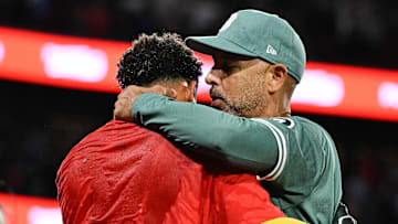 Sep 26, 2025; Boston, Massachusetts, USA; Boston Red Sox manager Alex Cora (right) hugs center fielder Ceddanne Rafaela (3) as they celebrate clinching a playoff spot after defeating the Detroit Tigers in the ninth inning at Fenway Park. Mandatory Credit: Eric Canha-Imagn Images
