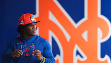 Feb 19, 2025; Port St. Lucie, FL, USA; New York Mets shortstop Luisangel Acuna (2) looks on during a spring training workout at Clover Park. Mandatory Credit: Sam Navarro-Imagn Images
