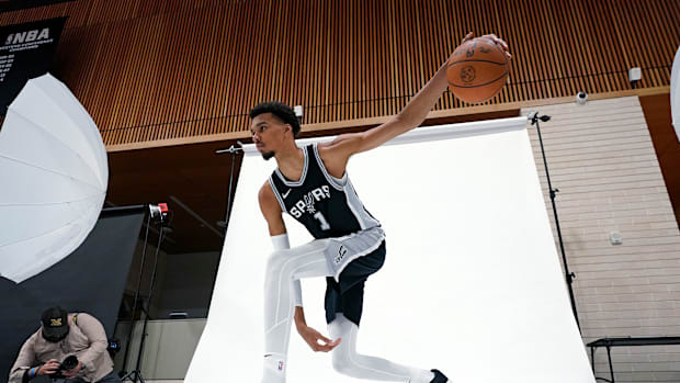 September 30, 2024; San Antonio, Texas, United States; San Antonio Spurs center Victor Wembanyama (1) poses for photos during media day at Victo
