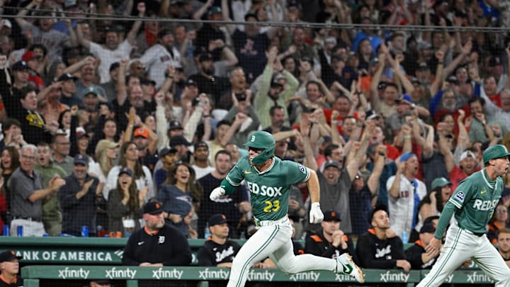 Sep 26, 2025; Boston, Massachusetts, USA; Boston Red Sox second baseman Romy Gonzalez (23) runs home to score the game winning run against the Detroit Tigers during the ninth inning at Fenway Park. Mandatory Credit: Eric Canha-Imagn Images Sep 26, 2025; Boston, Massachusetts, USA; Boston Red Sox second baseman Romy Gonzalez (23) runs home to score the game winning run against the Detroit Tigers during the ninth inning at Fenway Park. Mandatory Credit: Eric Canha-Imagn Images