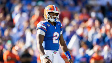 Nov 23, 2024; Gainesville, Florida, USA; Florida Gators quarterback DJ Lagway (2) looks on against the Mississippi Rebels during the second half at Ben Hill Griffin Stadium. Mandatory Credit: Matt Pendleton-Imagn Images