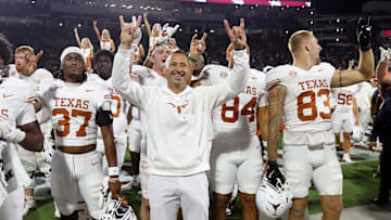 Oct 25, 2025; Starkville, Mississippi, USA; Texas Longhorns head coach Steve Sarkisian reacts after beating the Mississippi State Bulldogs in overtime at Davis Wade Stadium at Scott Field. Mandatory Credit: Petre Thomas-Imagn Images