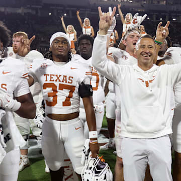 Oct 25, 2025; Starkville, Mississippi, USA; Texas Longhorns head coach Steve Sarkisian reacts after beating the Mississippi State Bulldogs in overtime at Davis Wade Stadium at Scott Field. Mandatory Credit: Petre Thomas-Imagn Images