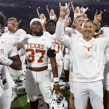 Oct 25, 2025; Starkville, Mississippi, USA; Texas Longhorns head coach Steve Sarkisian reacts after beating the Mississippi State Bulldogs in overtime at Davis Wade Stadium at Scott Field. Mandatory Credit: Petre Thomas-Imagn Images