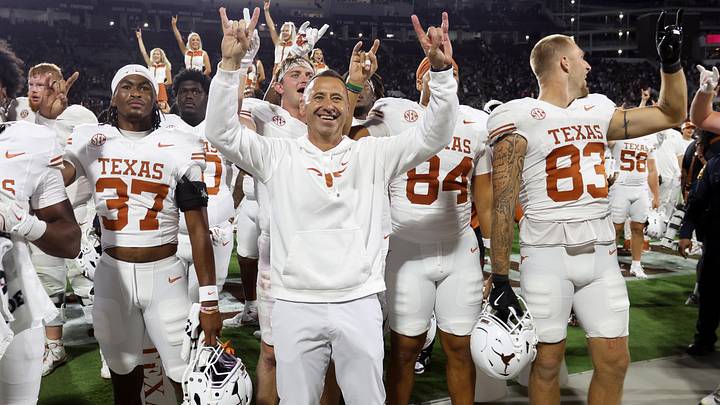 Oct 25, 2025; Starkville, Mississippi, USA; Texas Longhorns head coach Steve Sarkisian