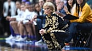 Mar 28, 2025; Spokane, WA, USA; LSU Lady Tigers head coach Kim Mulkey looks on against the NC State Wolfpack during the first half of a Sweet 16 NCAA Tournament basketball game at Spokane Arena. Mandatory Credit: James Snook-Imagn Images