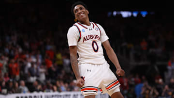 Mar 28, 2025; Atlanta, GA, USA; Auburn Tigers guard Tahaad Pettiford (0) celebrates after a basket in the second half of a South Regional semifinal of the 2025 NCAA tournament against the Michigan Wolverines at State Farm Arena. Mandatory Credit: Brett Davis-Imagn Images