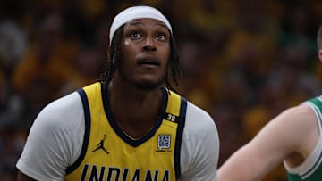 May 25, 2024; Indianapolis, Indiana, USA; Indiana Pacers center Myles Turner (33) looks on during the first quarter of game three of the eastern conference finals against the Boston Celtics in the 2024 NBA playoffs at Gainbridge Fieldhouse. Mandatory Credit: Trevor Ruszkowski-Imagn Images
