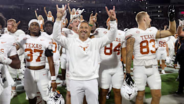 Oct 25, 2025; Starkville, Mississippi, USA; Texas Longhorns head coach Steve Sarkisian reacts after beating the Mississippi State Bulldogs in overtime at Davis Wade Stadium at Scott Field. Mandatory Credit: Petre Thomas-Imagn Images
