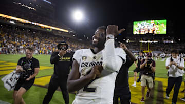 Oct 7, 2023; Tempe, Arizona, USA; Colorado Buffaloes quarterback Shedeur Sanders (2) celebrates