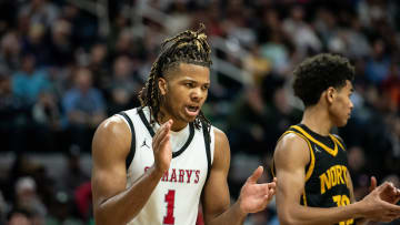 Orchard Lake St. Mary's Trey McKenney celebrates a big play during the Division 1 boys basketball state championship on Saturday, March 16, 2024, at Michigan State University's Breslin Center.