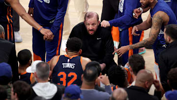 Apr 21, 2025; New York, New York, USA; New York Knicks head coach Tom Thibodeau speaks to his team on the bench during a time out during the fourth quarter of game two of the first round of the 2024 NBA Playoffs against the Detroit Pistons at Madison Square Garden. Mandatory Credit: Brad Penner-Imagn Images
